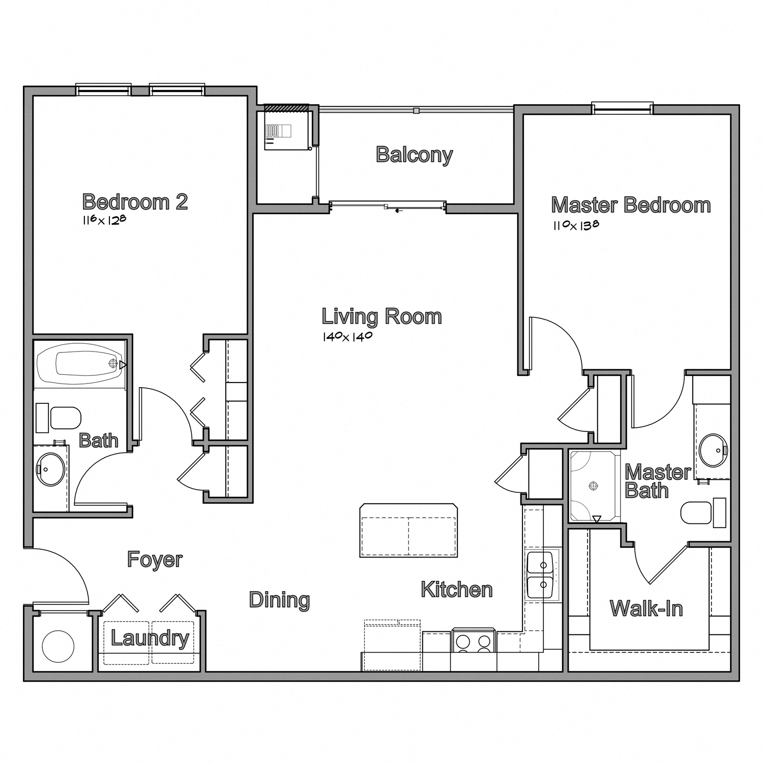 Floor plan for 2 beds, 2 baths, 1143 sqft